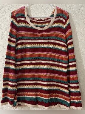 Womens Sweater XL Boho Crochet Rainbow Striped Cottagecore Open Knit Cozy